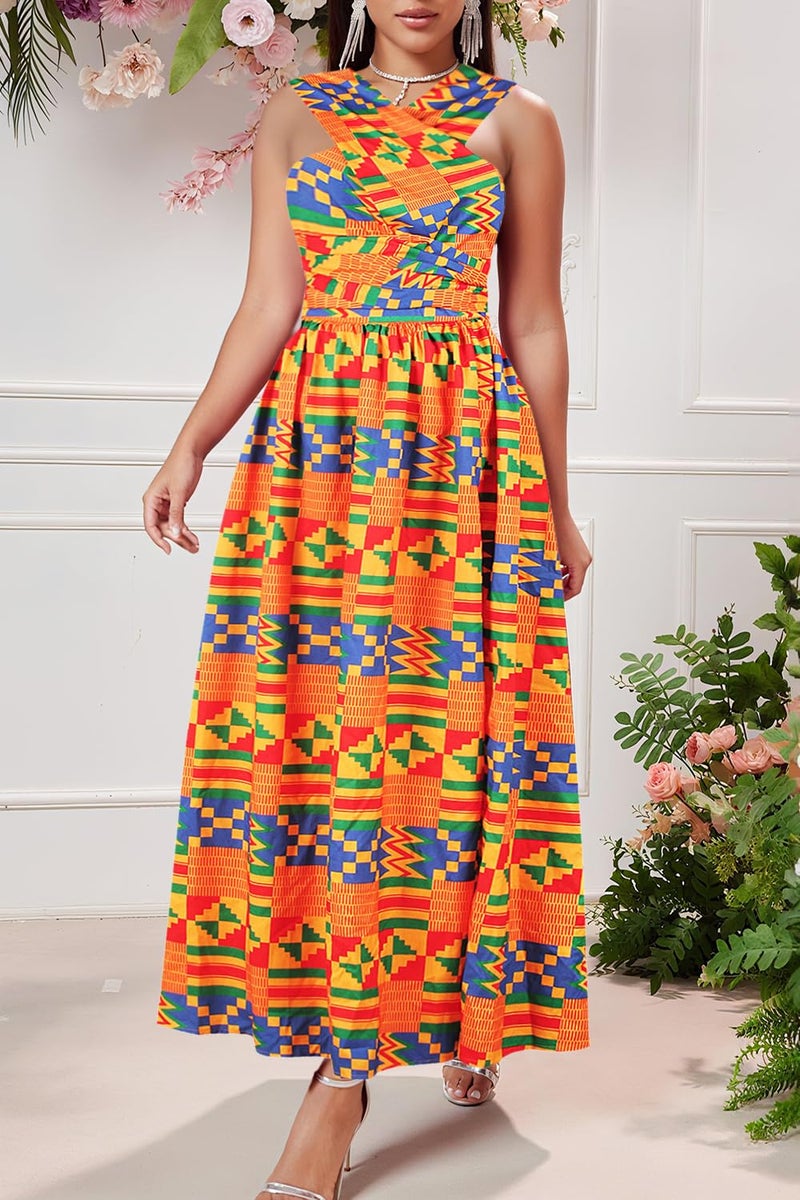 Vimoisa Women Sexy Boho African Long Maxi Dress V-Neck Multi-Way Pleated Floral Print Dresses - Image 4